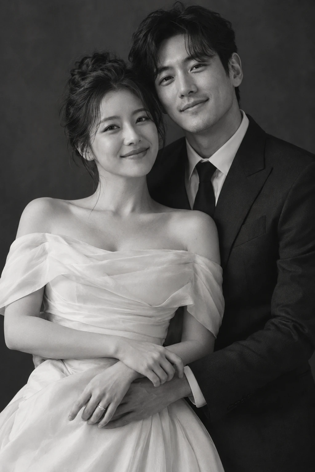 서로를 안고 있는 두 사람의 흑백사진