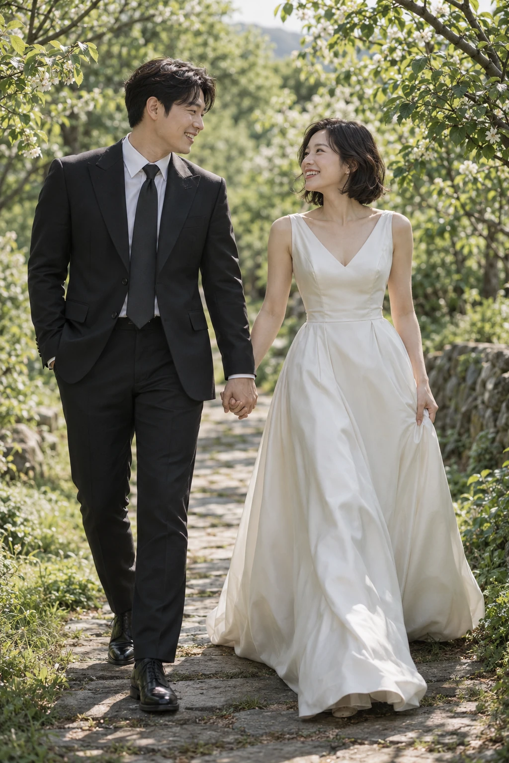 나무 사이로 함께 걷는 두 사람